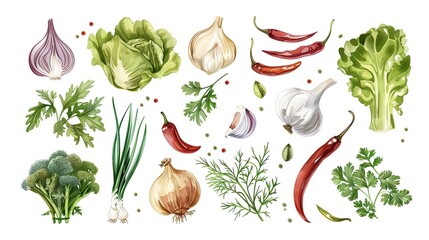 Cute hand drawn set of simple vegetable elements. Collection of kana, Chinese cabbage, onions, cilantro, chilies and various types. Vector illustration white background - obrazy, fototapety, plakaty
