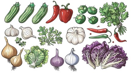 Cute hand drawn set of simple vegetable elements. Collection of kana, Chinese cabbage, onions, cilantro, chilies and various types. Vector illustration white background - obrazy, fototapety, plakaty