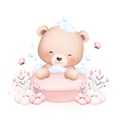 Obraz na płótnie Canvas Watercolor Illustration Cute Baby Bear Take a Bath