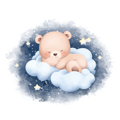 Watercolor Illustration Cute Baby Bear Sleeps on Cloud