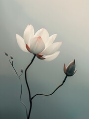 Two white lotus flowers in varying stages of bloom against a soft, misty water backdrop, exuding a sense of peace and purity.