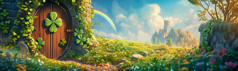 Tiny Leprechaun Home Covered in Clovers and a Rainbow Background Fantasy Banner