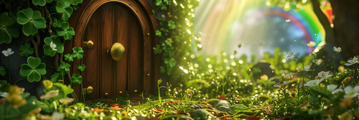 Tiny Leprechaun Home Covered in Clovers and a Rainbow Background Fantasy Banner - obrazy, fototapety, plakaty