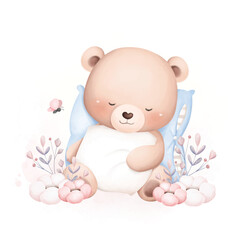Watercolor Illustration Cute Baby Bear Sleeps at Garden