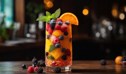 Refreshing fruit cocktail with ice, mint and a mixture of berries, oranges and pineapples, served in a tall glass