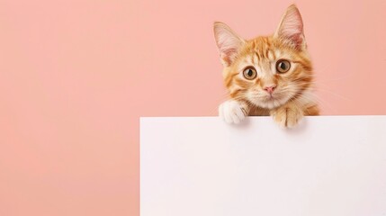 Cute little kitten with blank board on pink background, copy space for text. - obrazy, fototapety, plakaty