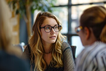 Confident professional businesswoman having lively discussion 