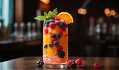 Refreshing fruit cocktail with ice, mint and a mixture of berries, oranges and pineapples, served...