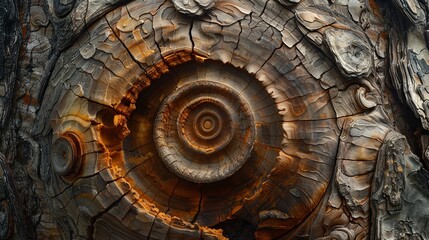 Macro shot of a weathered wooden log spiral pattern, exhibiting natural aging and the beauty of organic decay.