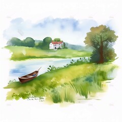 a boat is sitting on the shore of a river with a house in the background - 741183978