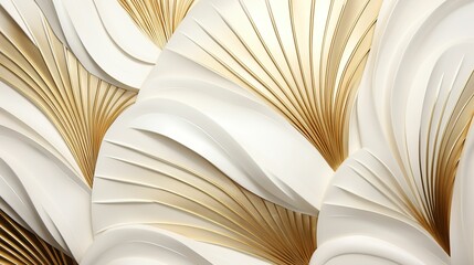 Abstract leaf background composed of white and gold, abstract leaf fan-shaped background with 3D effect, simple and modern abstract leaf wallpaper