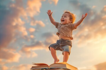 Cute little boy with concept book,Happy cute industrious child flying on the book 