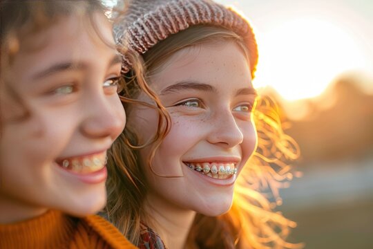 Happy teenage girl wearing braces by female friend 