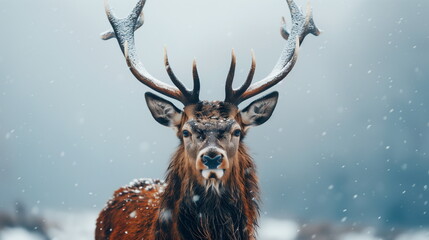 A majestic deer with large antlers stands in a snowy landscape looking at the camera