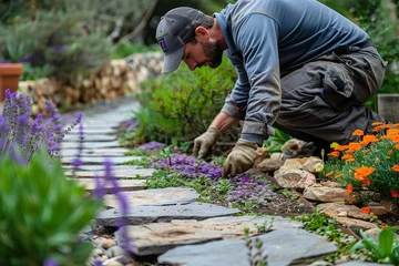 Photo sur Plexiglas Kaki professional landscaper laying textured slabs for garden decoration with a big empty space for text or product, Generative AI.