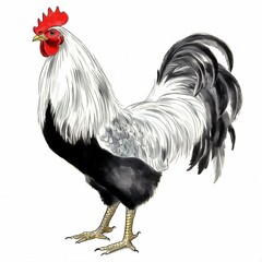 A black and white rooster with a red comb is standing on a white background