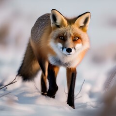 Obraz premium A close-up of a red fox hunting in a snowy field, its breath visible in the cold air4