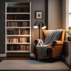 A cozy reading nook with a comfortable chair, a warm blanket, and a stack of books4 - obrazy, fototapety, plakaty