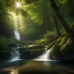 A serene waterfall hidden in a lush green forest, with sunlight filtering through the trees3