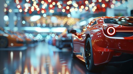 New cars display in luxury showroom with light bokeh in motor show event