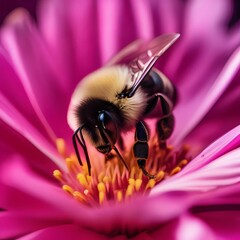 A close-up of a bumblebee collecting nectar from a bright pink flower3 - obrazy, fototapety, plakaty