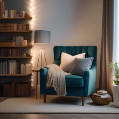 A cozy reading nook with a comfortable chair, a warm blanket, and a stack of books5