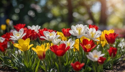 White, red and yellow spring flowers, spring season floral background.