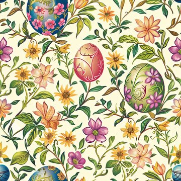 Easter seamless pattern with colorful eggs and flowers