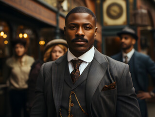 Portrait of Masculine African American Man in Vintage Clothes. Gangster Group in 1920
