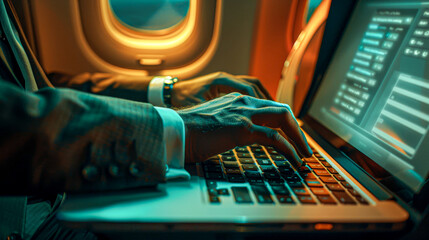 Close-up of hands typing on a laptop keyboard, with an airplane window view indicating travel and connectivity. - obrazy, fototapety, plakaty