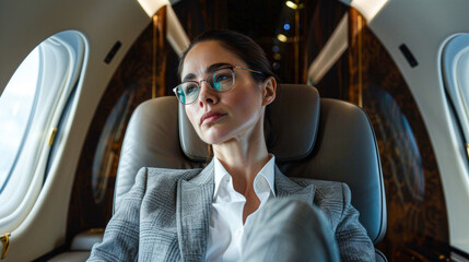 Pensive businesswoman in glasses looking out the airplane window, reflecting on her journey.