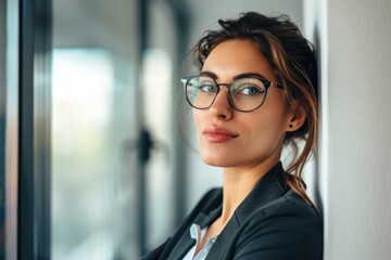 Fototapeta premium Woman Wearing Glasses Leaning Against a Wall getting ready to work burnout concept. Generative AI