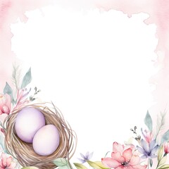 Naklejka na ściany i meble Easter card with eggs in nest and spring flowers. Watercolor illustration.