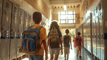 pupils walking through school corridor - obrazy, fototapety, plakaty