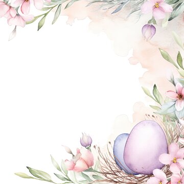 Easter card with eggs in nest and spring flowers. Watercolor illustration.