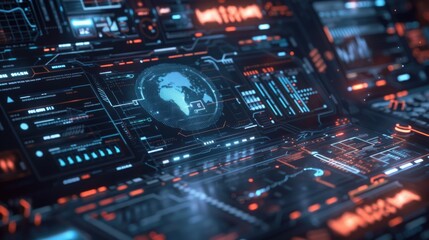 Futuristic Cybersecurity Interface with World Map and Data Panels