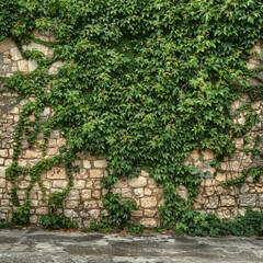 Ivy Covered Stone Wall Background in the Style of High Dynamic Range Nature Morte - Stylish Nature Stone Framing - Planar Ivy Stone Art Wallpaper created with Generative AI Technology