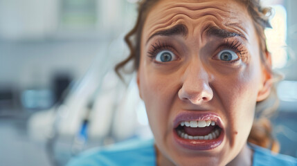 Dynamic Close-up of Anxious Woman at Dentist's Office, Wide-eyed and Worried Expression, Dental Anxiety Concept, Patient's Perspective in Modern Clinic