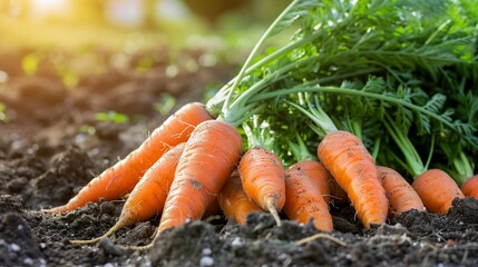 Fresh carrots on the ground in the vegetable garden. - obrazy, fototapety, plakaty