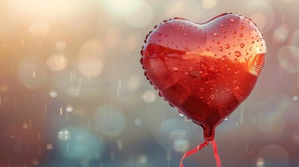 Red Heart Balloon with Raindrops and Bokeh Lights - obrazy, fototapety, plakaty