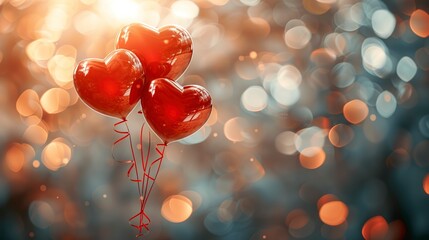 Romantic Red Heart Balloons with Bokeh Background - obrazy, fototapety, plakaty