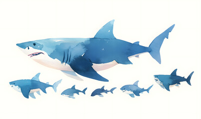 Obraz premium A Minimal Watercolor Banner of a Row of Sharks, Generative AI