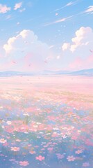 Beautiful pink flower field and blue sky with clouds.