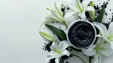 White lily bloom over white setting with black activated charcoal paste in a cosmetics jar and space, Generative AI. - obrazy, fototapety, plakaty