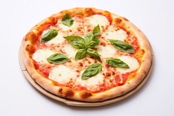 A Margherita pizza isolated on white, Top view of a whole Margherita pizza, Margherita pizza, Italian Margherita pizza, Italian pizza, Cheese pizza, easy to cut out
