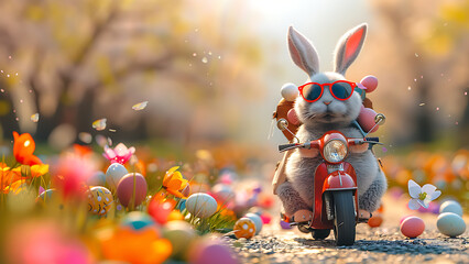 Cute bunny riding a bicycle carrying easter eggs. - obrazy, fototapety, plakaty