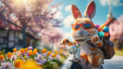 Cute bunny riding a bicycle carrying easter eggs. - obrazy, fototapety, plakaty