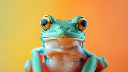 Green frog on the pastel background.