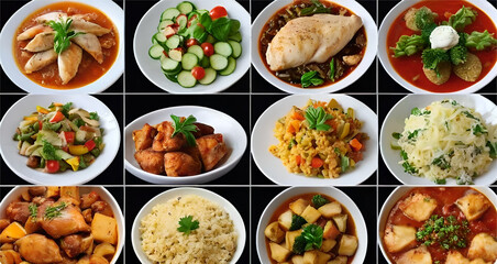 Collage of food in the dishes. A variety of food, vegetables, chicken, top view. Options for dishes. Dinner options in white plates
