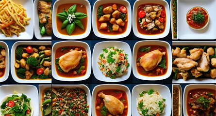 Collage of food in the dishes. A variety of food, vegetables, chicken, top view. Options for dishes. Dinner options in plates